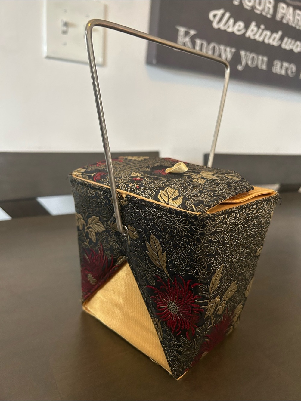 Embroidered Floral Black and Gold Evening Handbag.  Chinese take out style.